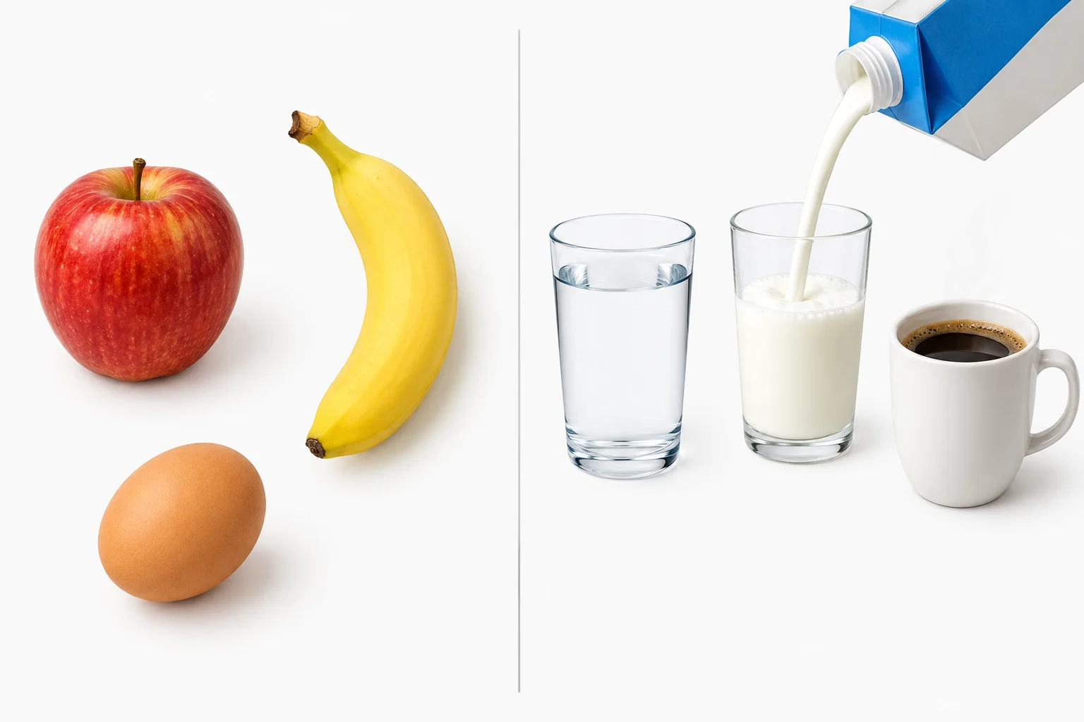 Comparação visual entre maçã, banana e ovo como itens separados e água, leite e café como bebidas apresentadas em recipientes.