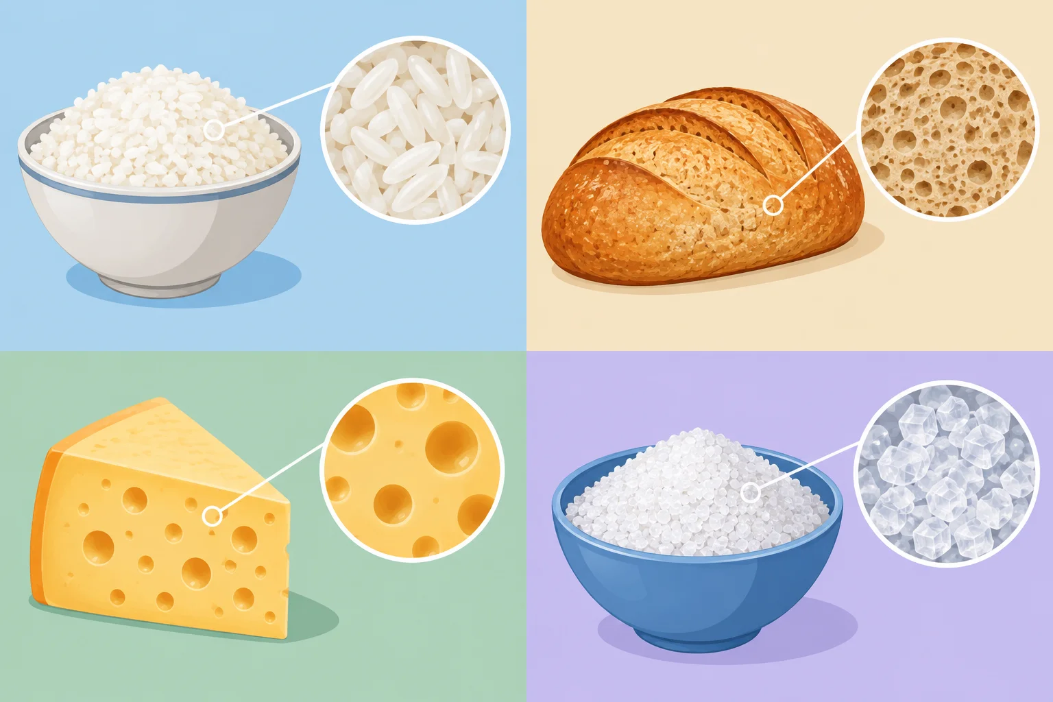 Arroz e açúcar com grãos visíveis, ao lado de pão e queijo em porções gerais, mostrando que partes visíveis não definem a classificação gramatical.