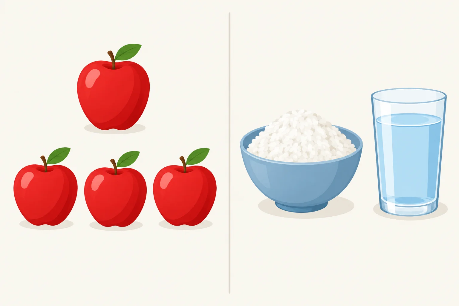 À esquerda, maçãs separadas em unidades; à direita, arroz em uma tigela e água em um copo como quantidades.