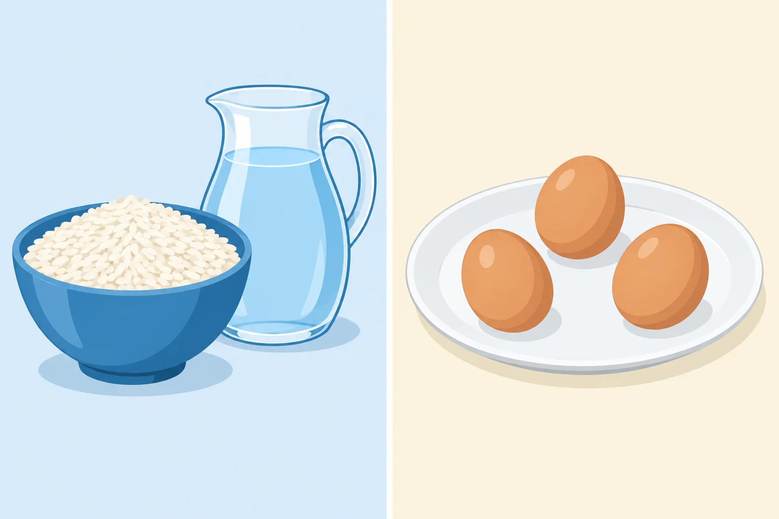Comparação entre arroz e água apresentados como quantidades e três ovos apresentados como unidades separadas.