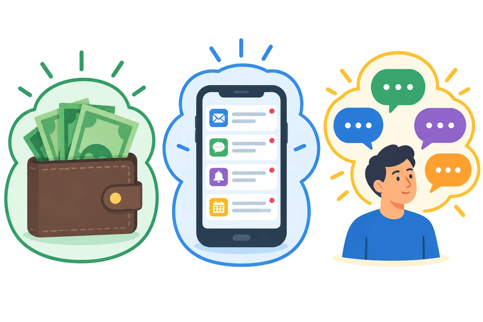 Três conjuntos: dinheiro em uma carteira, informações em um celular e conselhos em balões de fala, cada um apresentado como uma quantidade única.