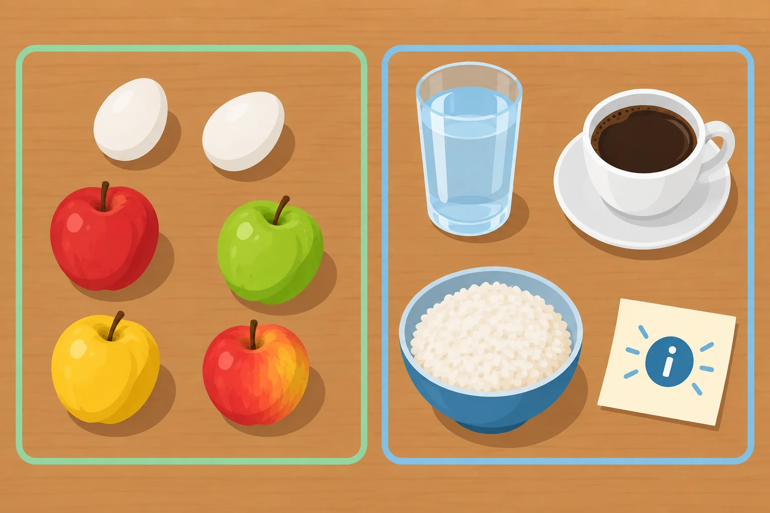 Mesa de café da manhã com ovos e maçãs como unidades individuais, ao lado de água, café e arroz como quantidades.