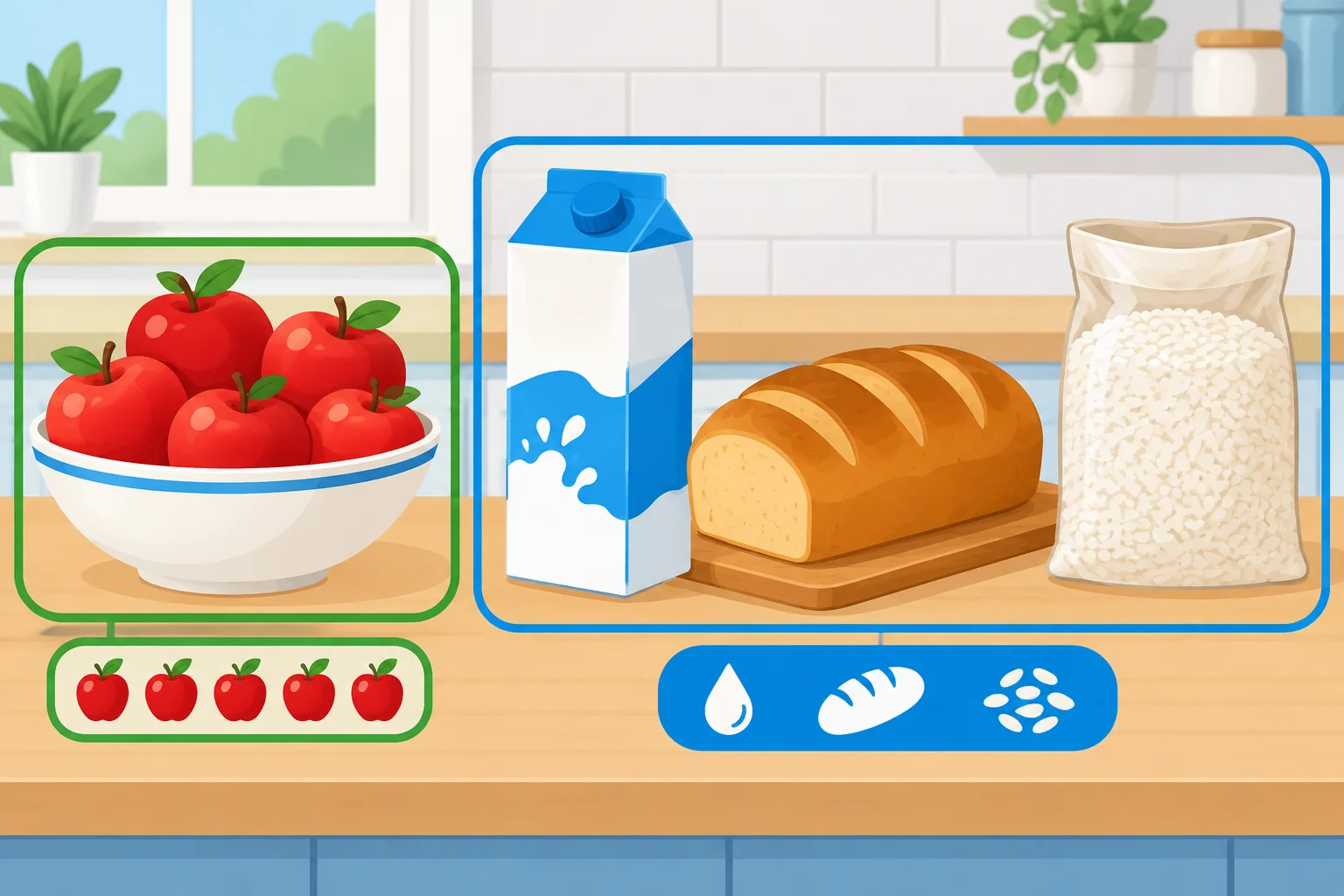 Bancada com maçãs, leite, pão e arroz disponíveis.