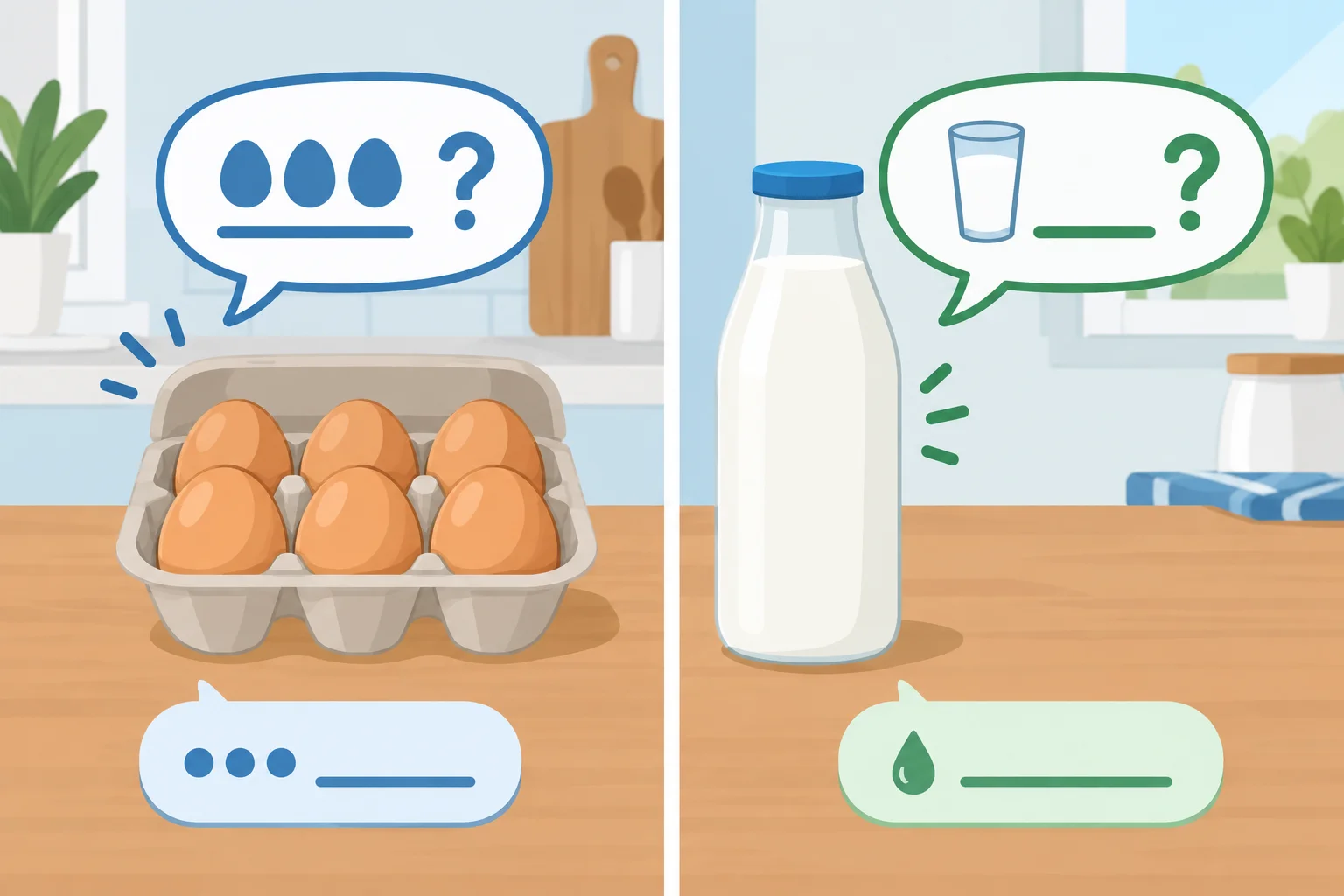 Ilustração de ovos e leite como itens sobre cuja disponibilidade alguém pergunta.