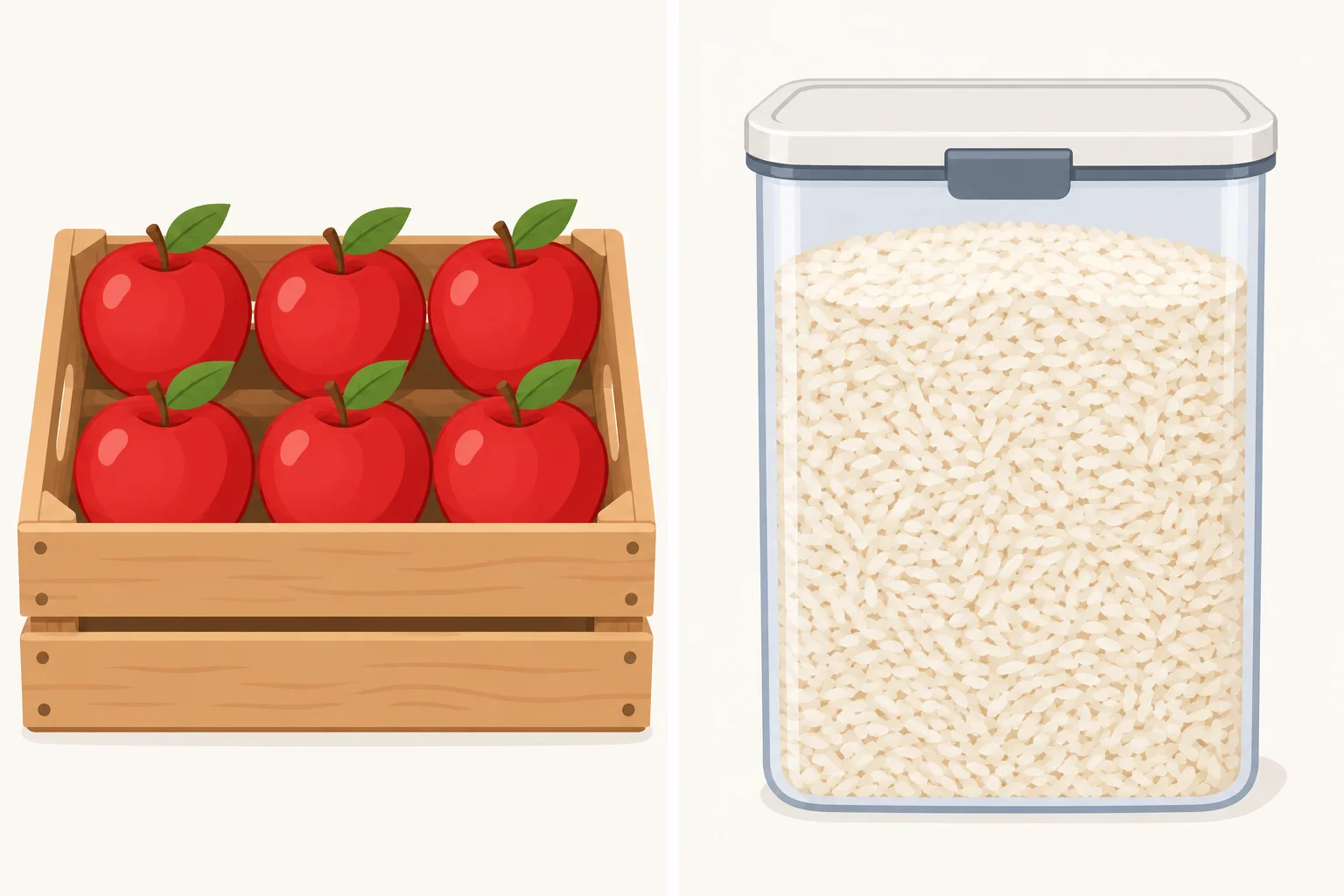 Comparação entre seis maçãs contáveis e uma grande quantidade de arroz incontável.