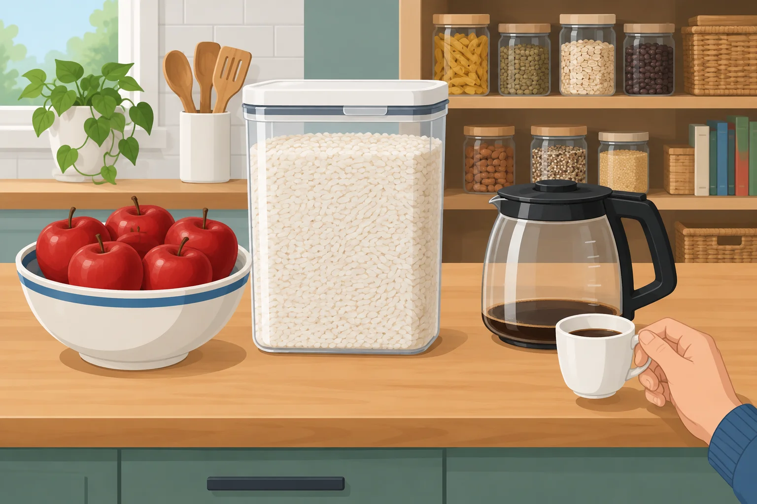 Ilustração com seis maçãs, bastante arroz e uma pequena quantidade de café.