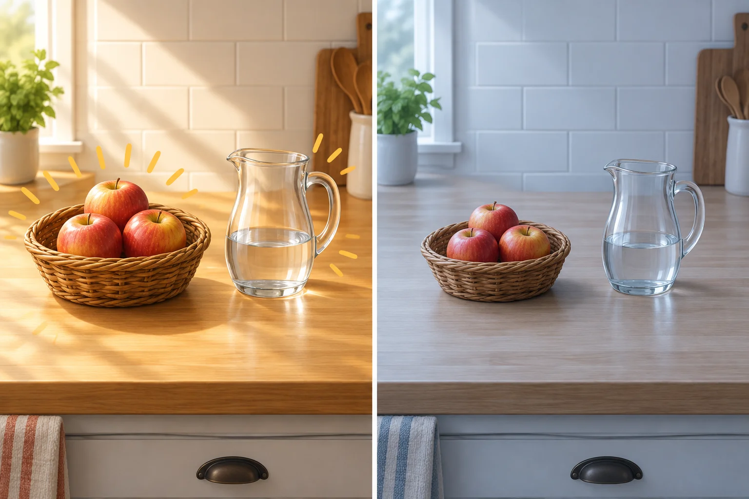 Comparação visual da mesma cesta com três maçãs e da mesma jarra com pouca água em dois painéis, com foco visual diferente.