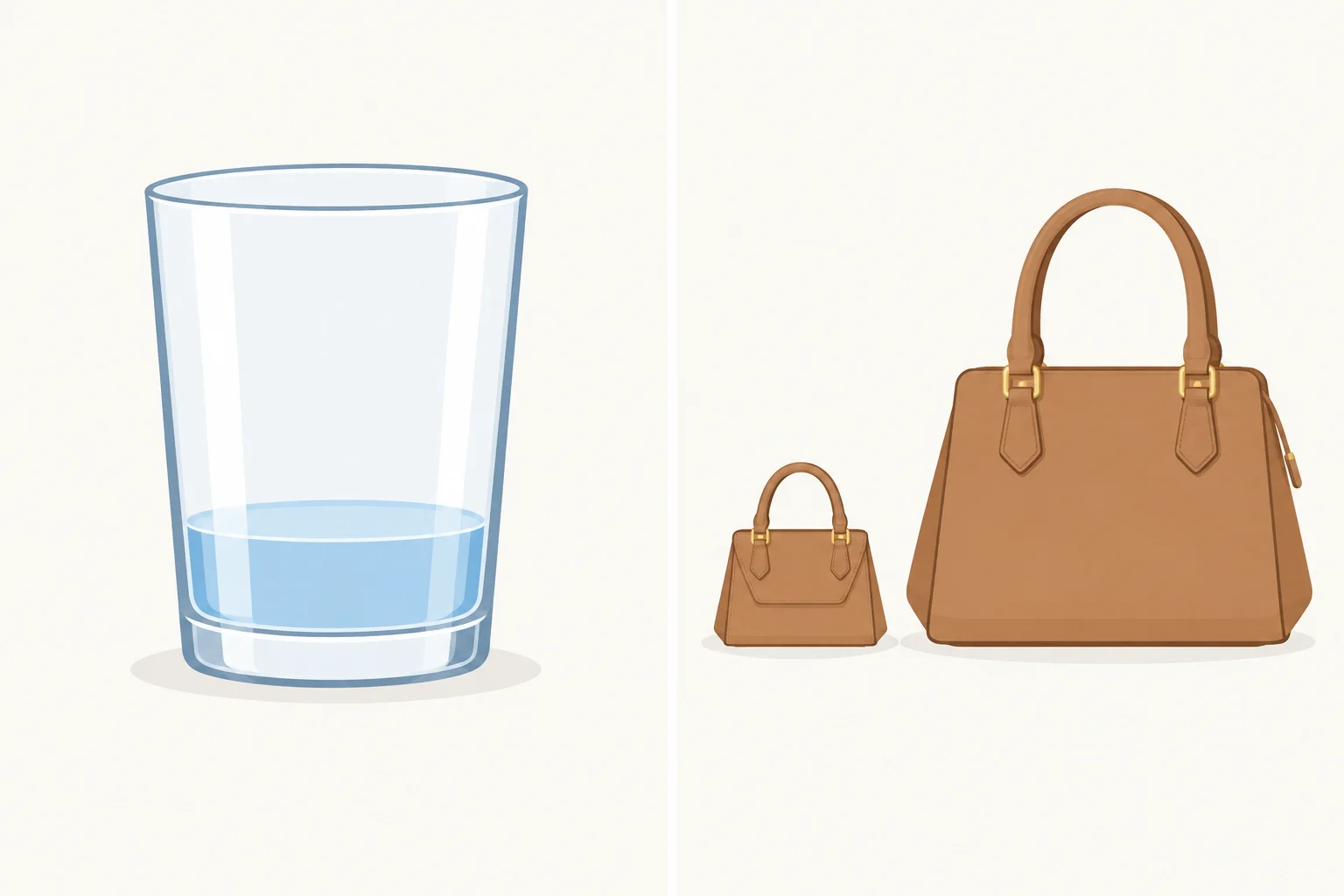 Comparação visual entre pouca água em um copo e uma bolsa pequena ao lado de uma bolsa maior.