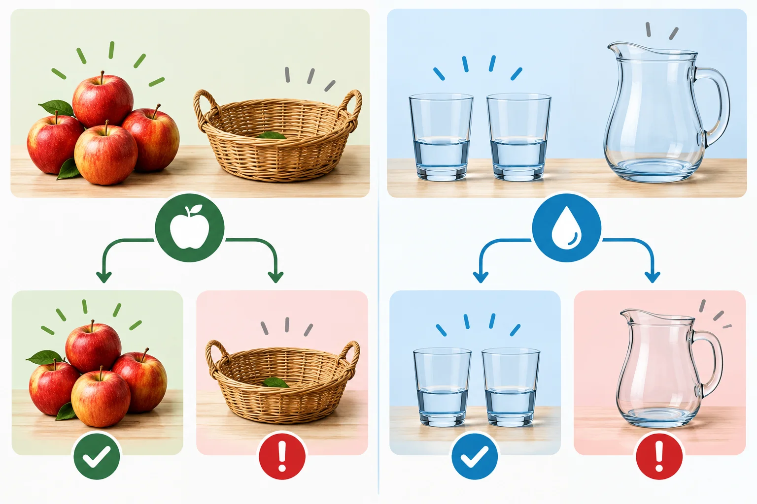Comparação visual entre objetos contáveis e líquido incontável, cada um apresentado como quantidade disponível ou como escassez.