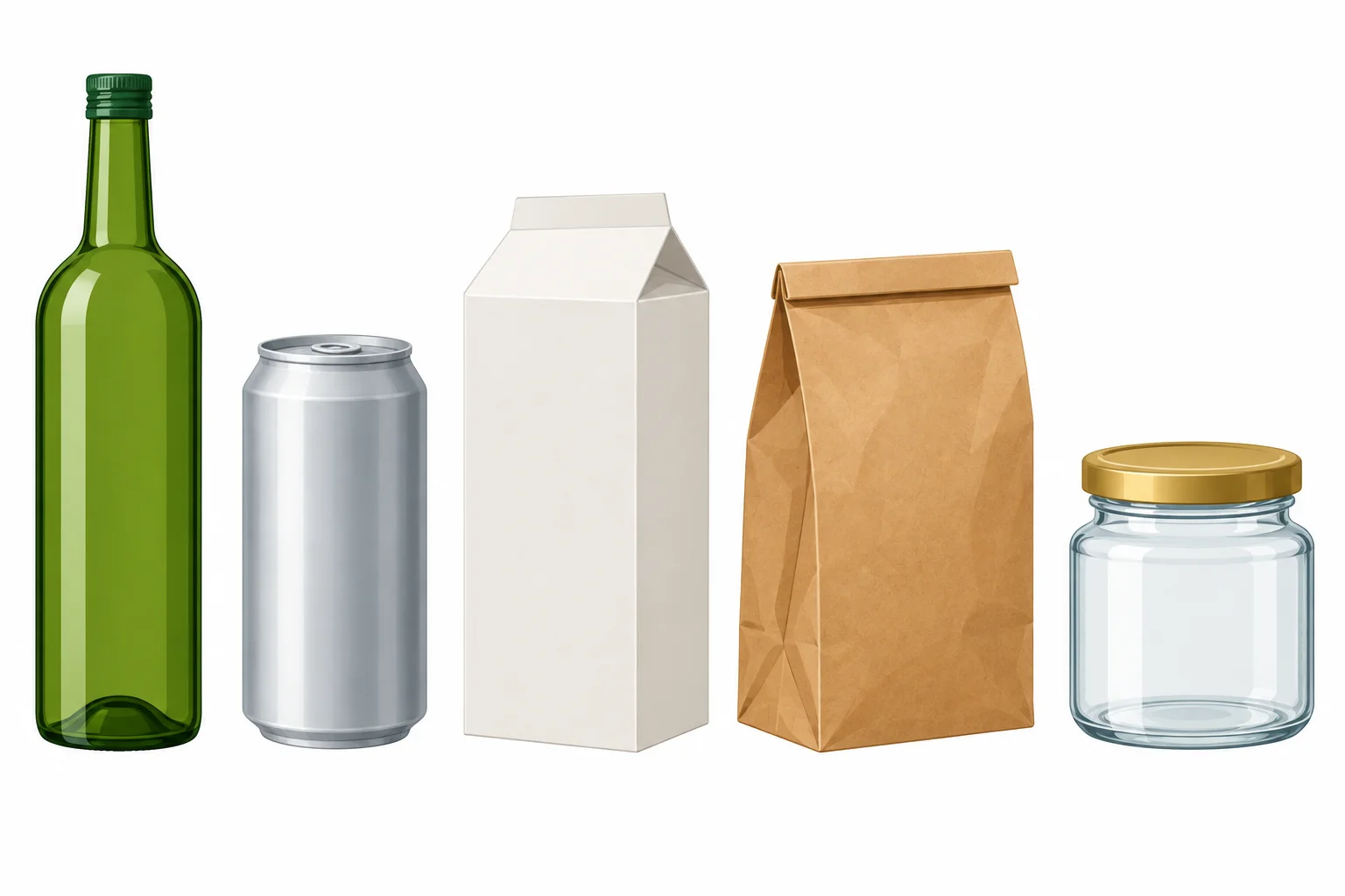 Comparação visual das silhuetas de bottle, can, carton, bag e jar.
