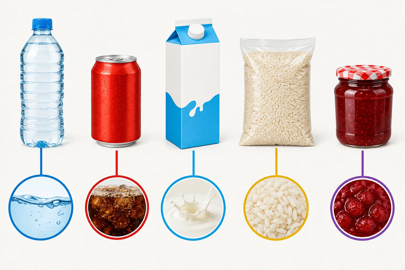 Garrafa com água, lata com refrigerante, caixa cartonada com leite, saco com arroz e pote com geleia, organizados para mostrar a relação entre embalagem e conteúdo.