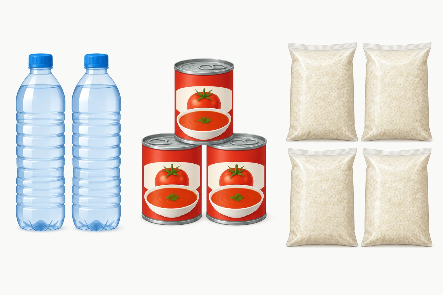 Dois frascos de água, três latas de sopa e quatro sacos de arroz.