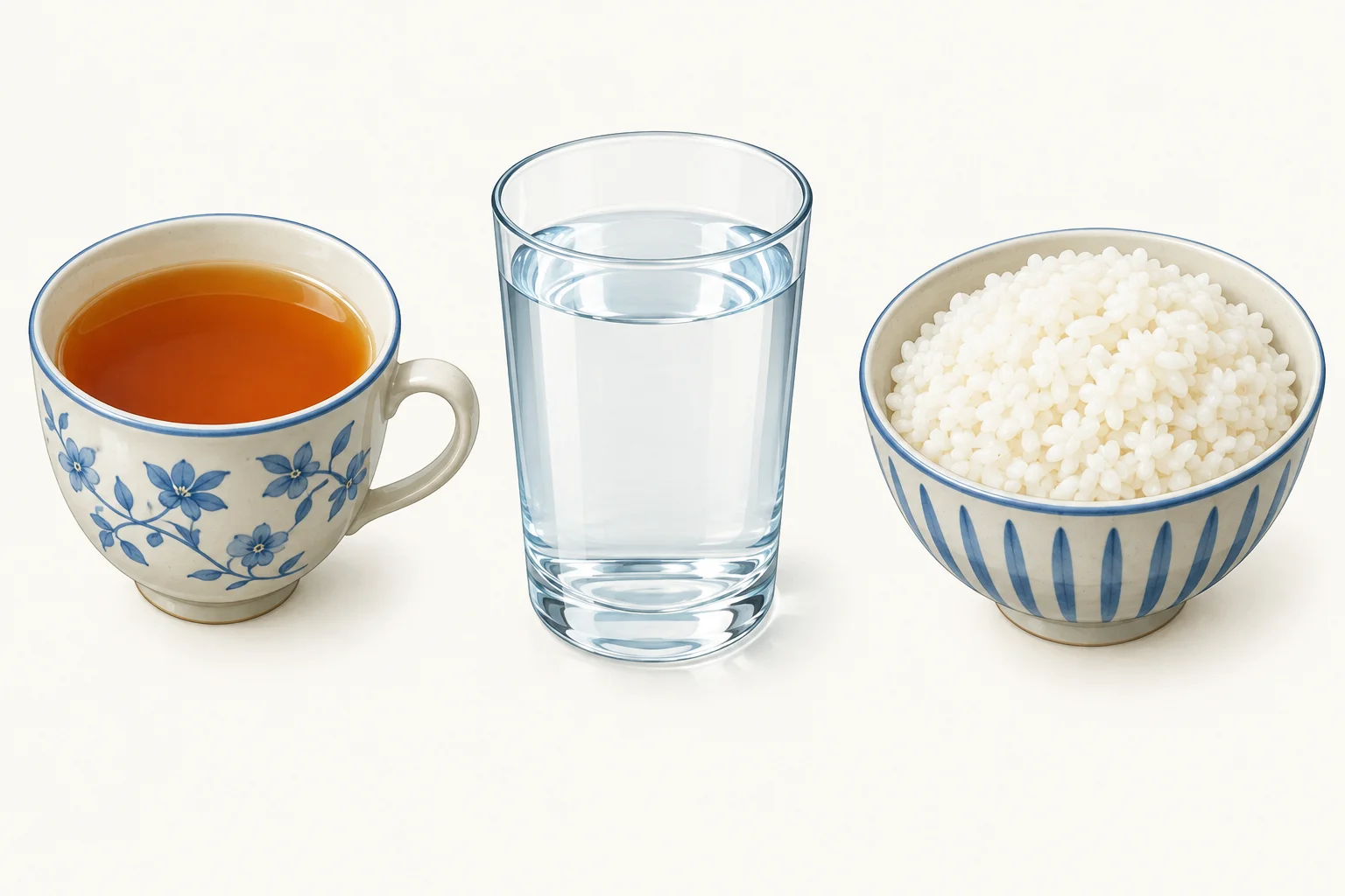 Três recipientes: uma xícara com chá, um copo com água e uma tigela com arroz.