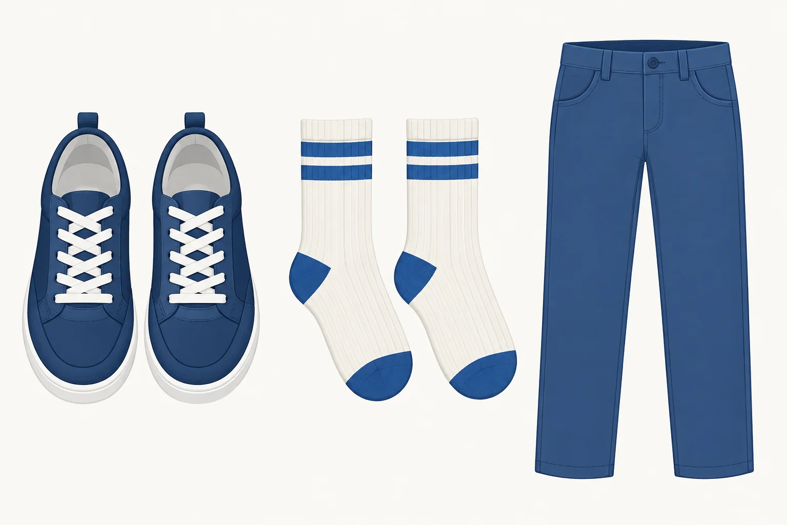 Ilustração de um par de sapatos, um par de meias e uma calça.
