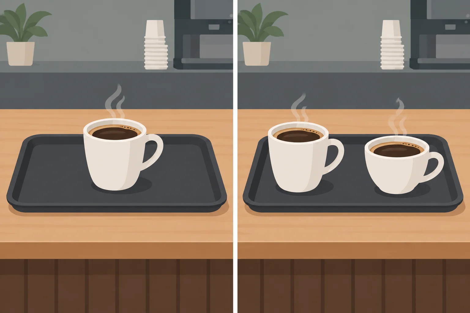 Comparação visual entre uma porção de café e duas porções de café servidas separadamente.