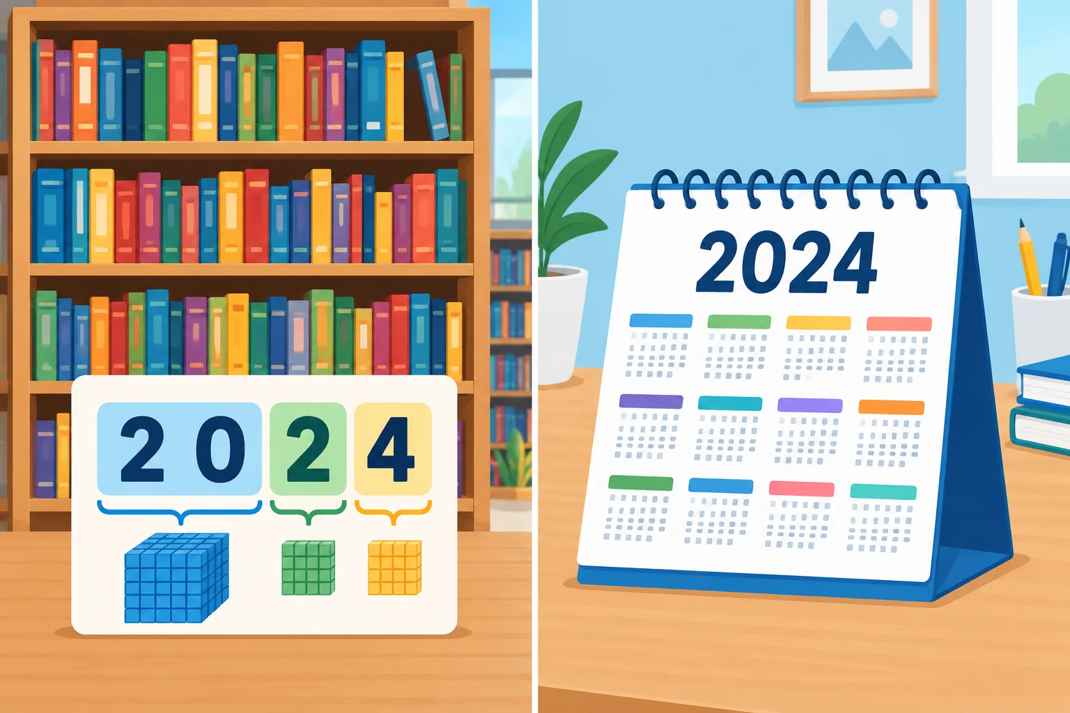 Comparação entre uma coleção de livros identificada pelo número 2024 e um calendário do ano de 2024.