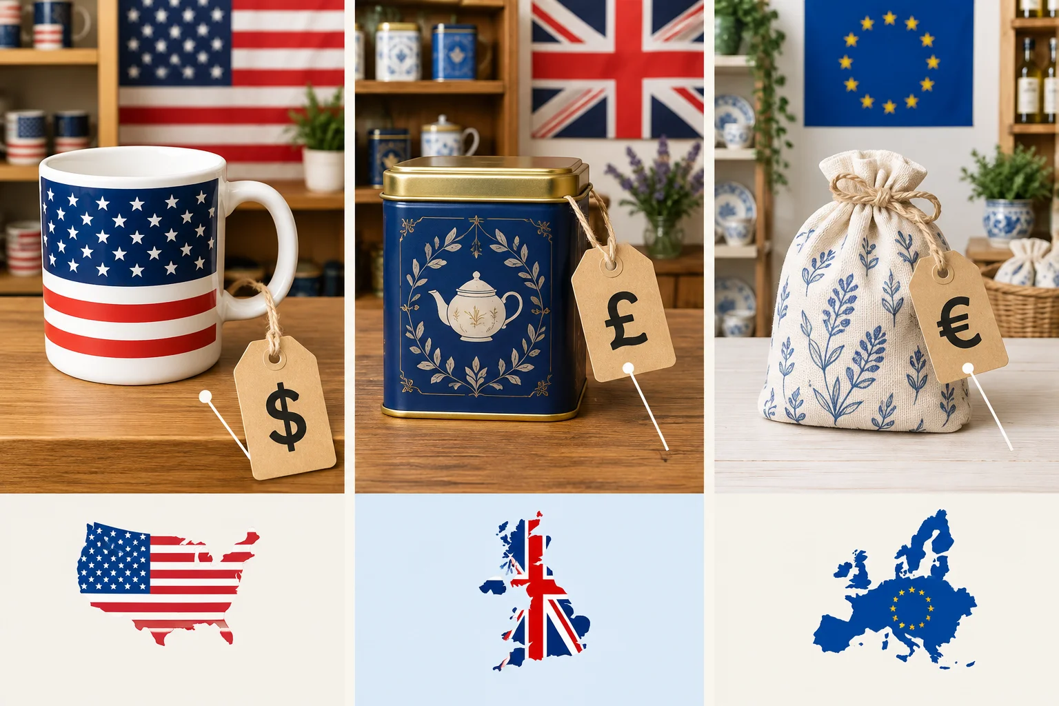 Diagrama com três produtos, cada um ligado à sua etiqueta: símbolo de dólar em contexto dos Estados Unidos, libra em contexto do Reino Unido e euro em contexto europeu.