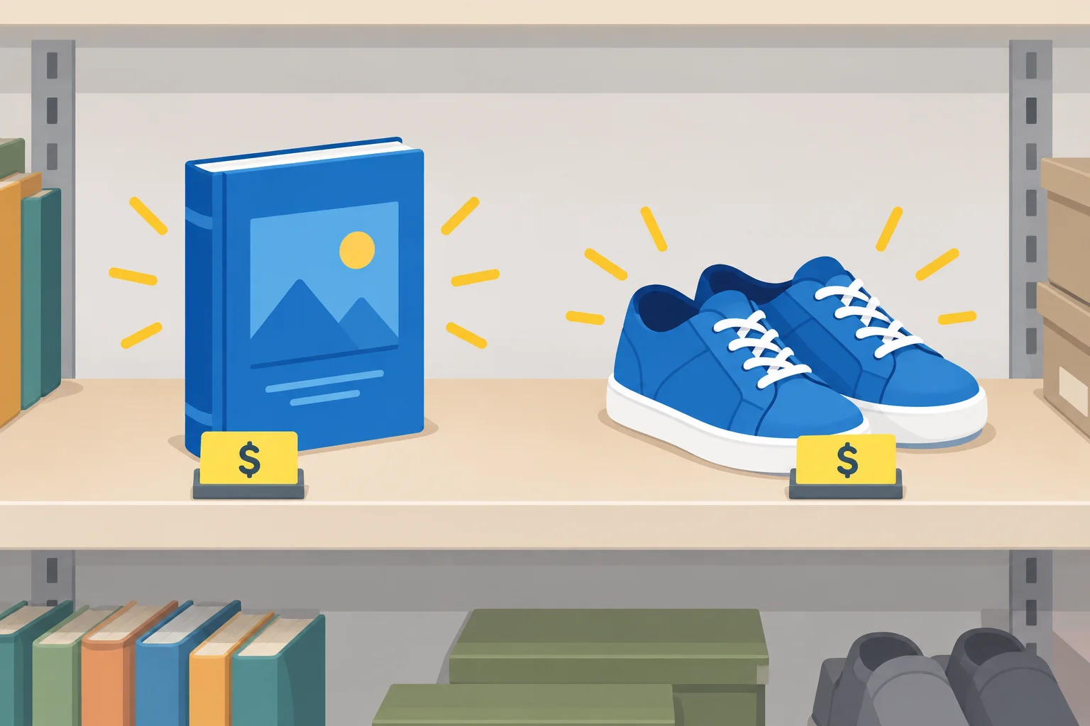 Comparação entre um livro único e dois sapatos em uma loja, ambos com etiquetas de preço.