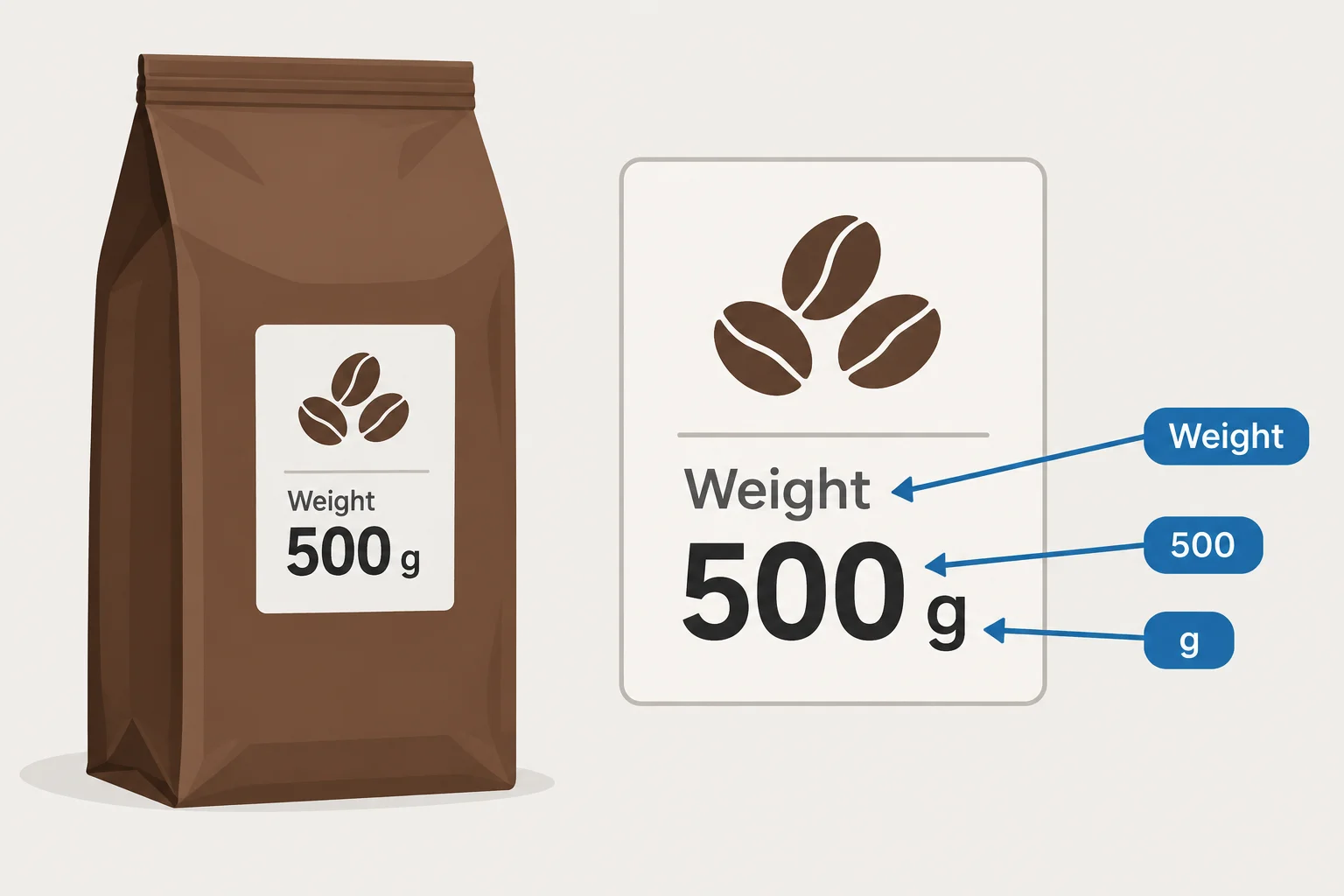 Diagrama de uma embalagem com setas apontando para Weight, 500 e g.