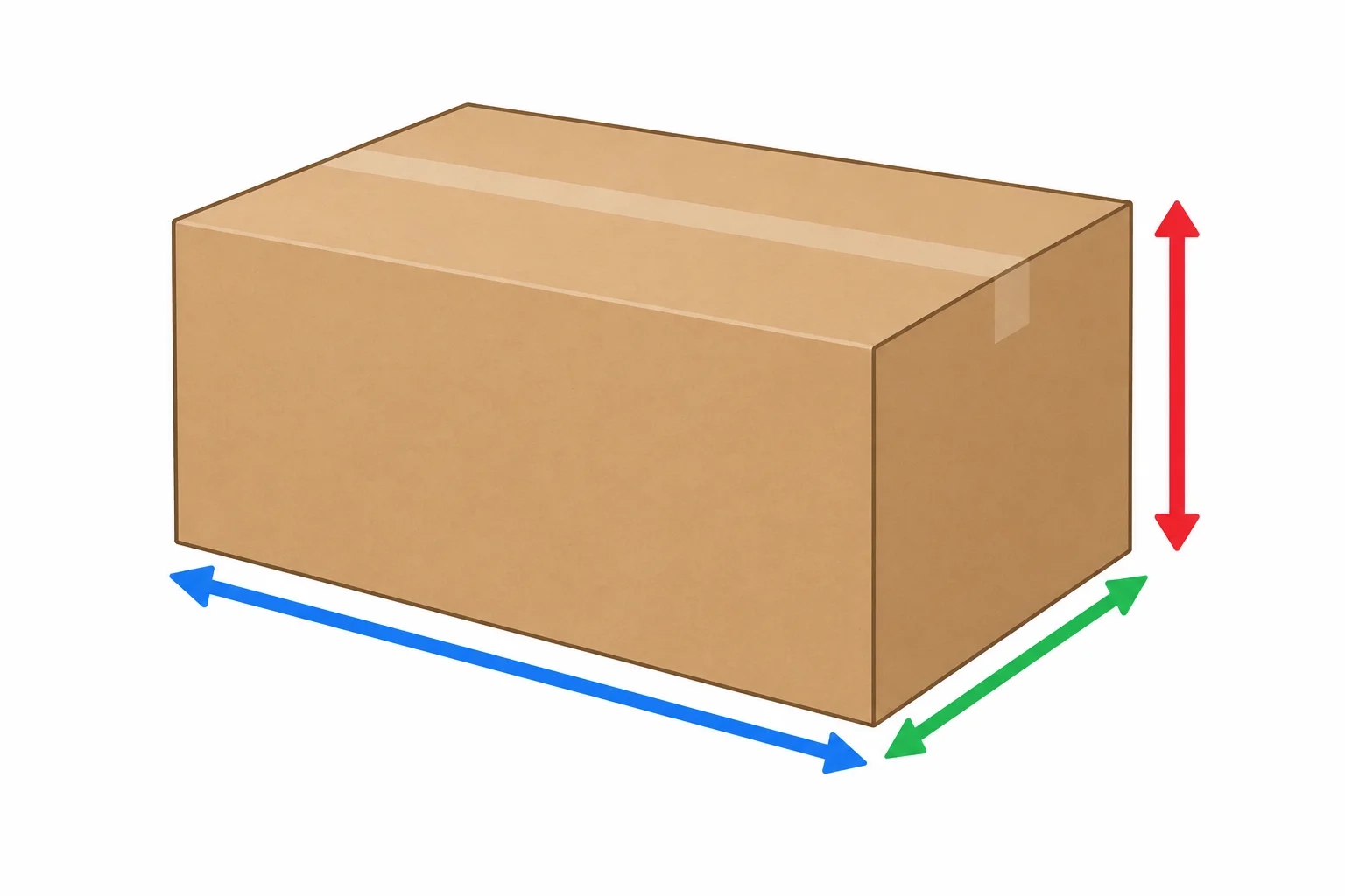 Caixa retangular com setas indicando uma direção longa, uma direção lateral e uma direção vertical.