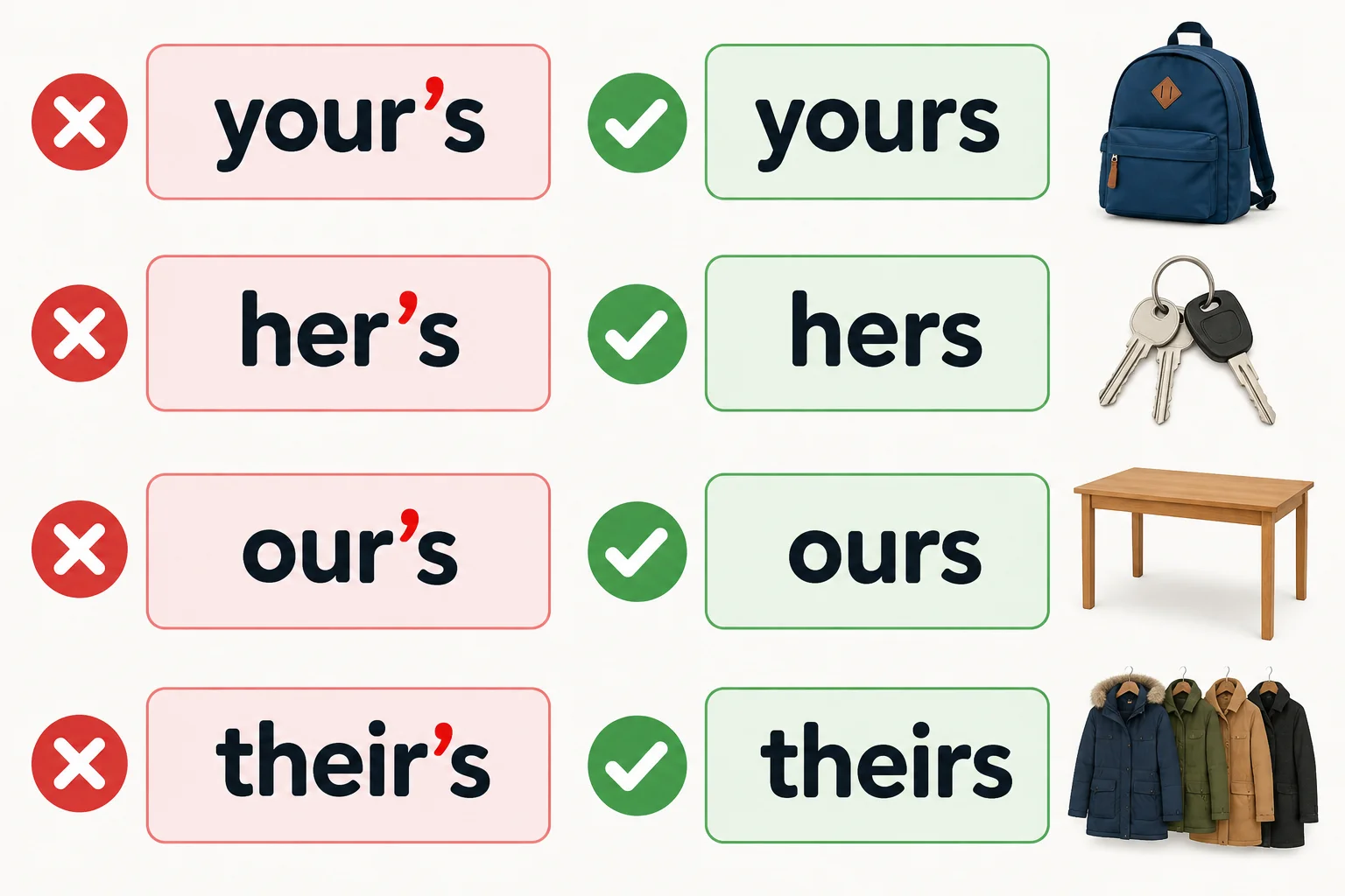 Comparação visual entre your's, her's, our's e their's incorretos e yours, hers, ours e theirs corretos.