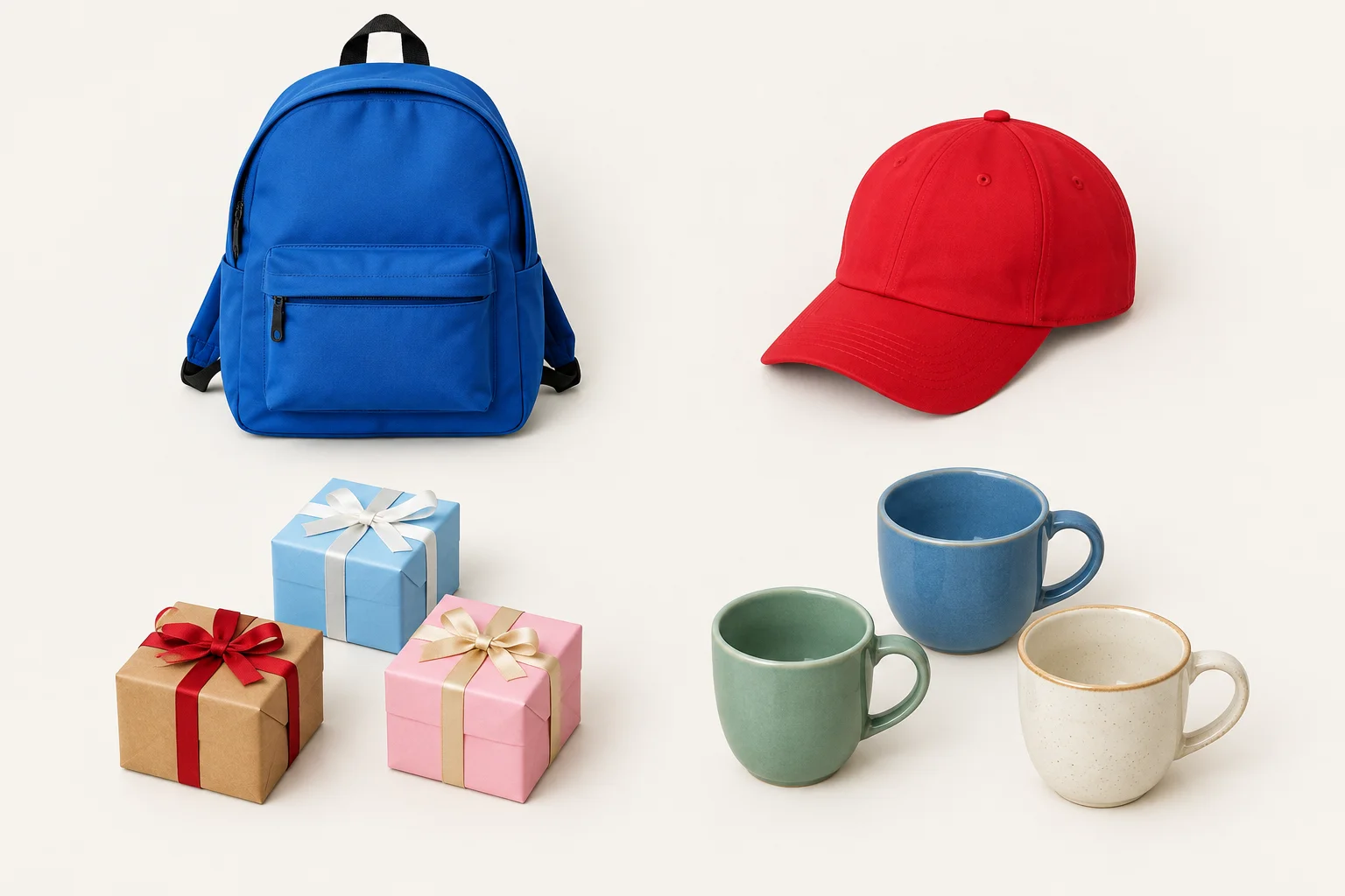 Uma mochila azul, um boné vermelho, três caixas pequenas e três copos novos.