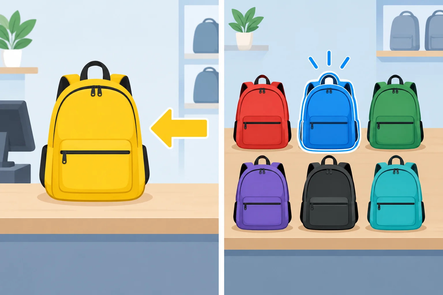 À esquerda, uma mochila amarela já selecionada; à direita, várias mochilas e uma azul destacada como escolha entre opções.