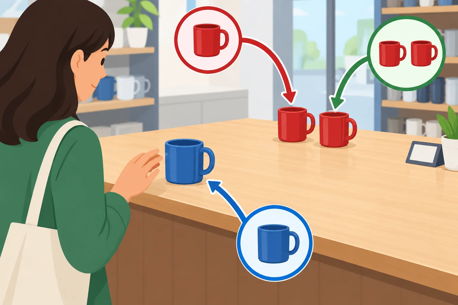 Uma caneca azul perto, uma opção distante e duas canecas vermelhas em grupo, mostrando referências no singular e no plural.
