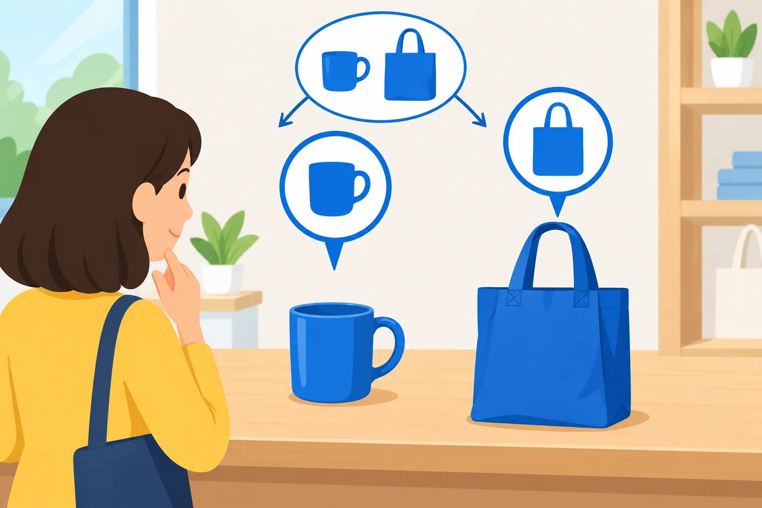 Uma caneca azul e uma bolsa azul aparecem lado a lado; a cor azul sozinha não identifica qual objeto foi escolhido.