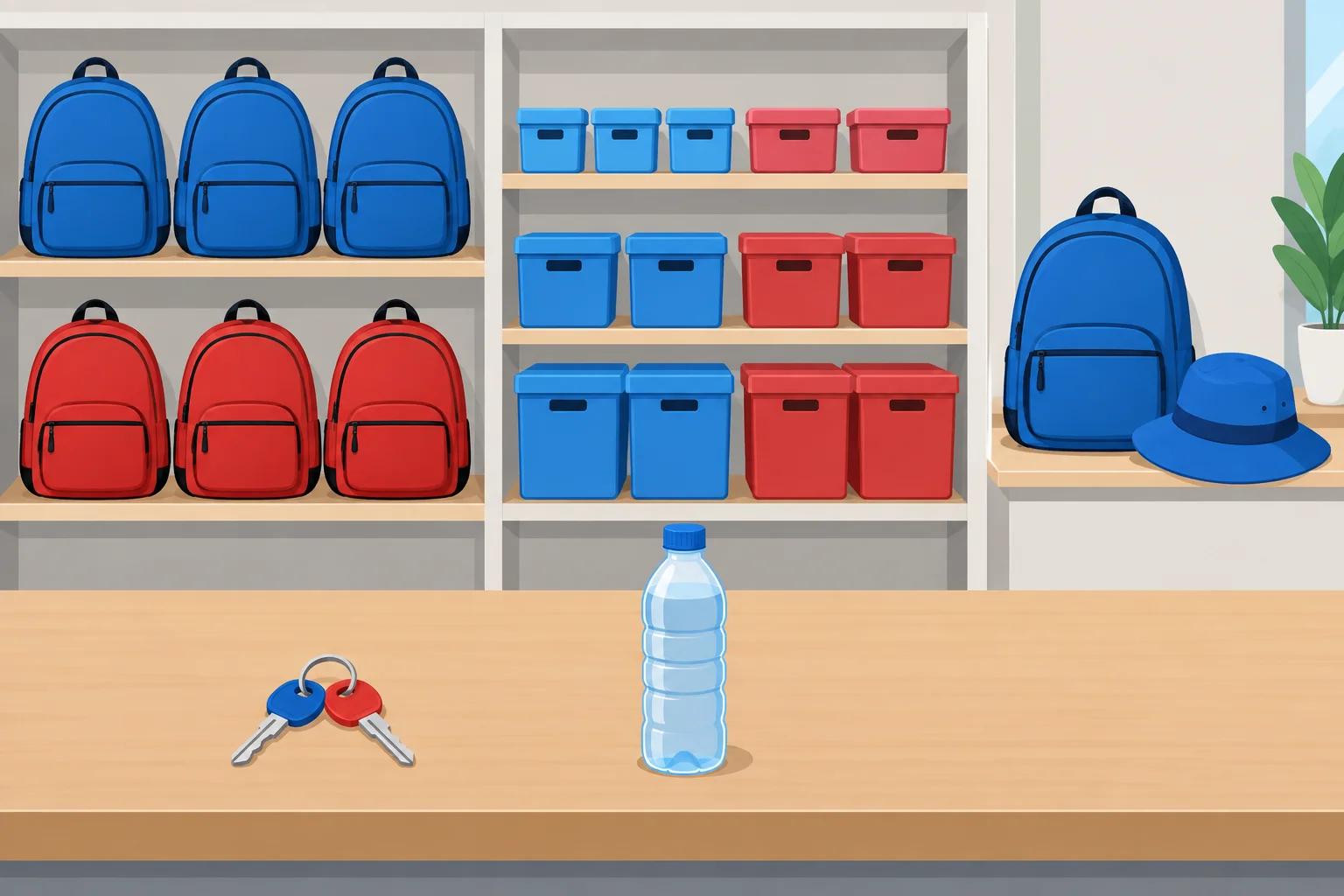 Vitrine com mochilas azuis e vermelhas, caixas pequenas e grandes, chaves identificadas, água e um chapéu azul ao lado de uma mochila azul.