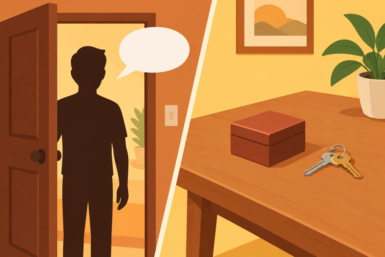 Ilustração dividida: uma pessoa sem identificação perto de uma porta e objetos não identificados sobre uma mesa.