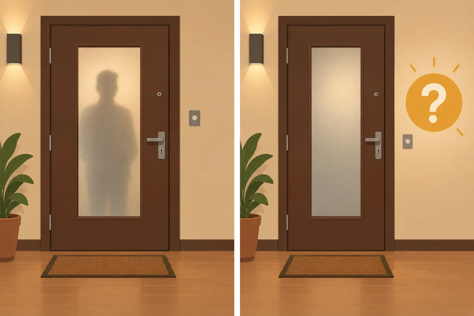 Comparação visual entre alguém já indicado atrás de uma porta e uma pergunta neutra sobre haver alguém na porta.