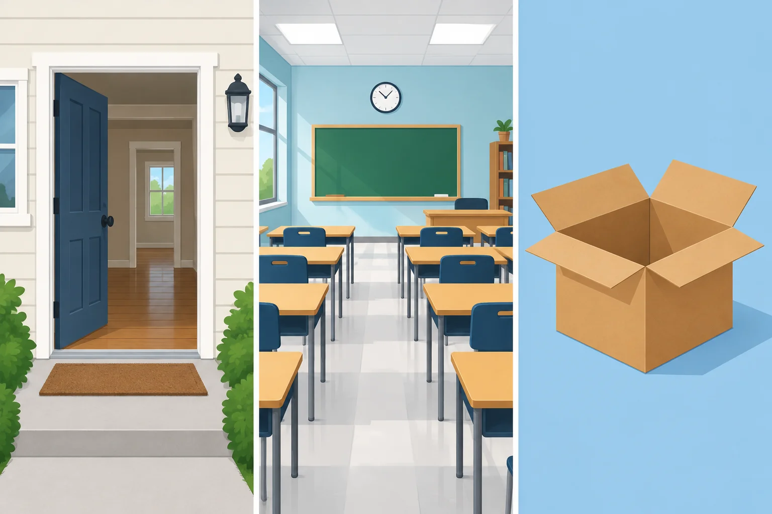 Três cenas vazias: uma casa sem pessoas, uma sala de aula sem alunos e uma caixa aberta sem objetos.