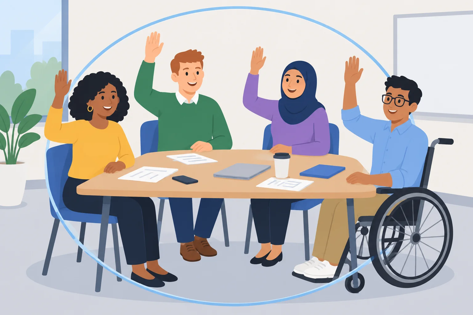 Quatro pessoas em uma reunião aparecem agrupadas, indicando que todas as pessoas daquele contexto estão incluídas.
