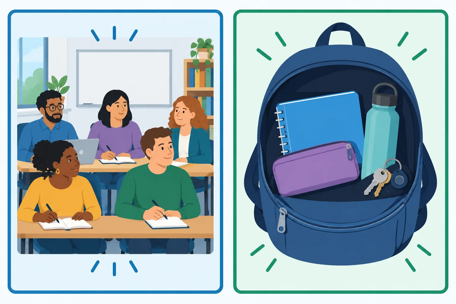 Comparação entre um grupo completo de alunos em uma sala e todos os itens necessários dentro de uma mochila.