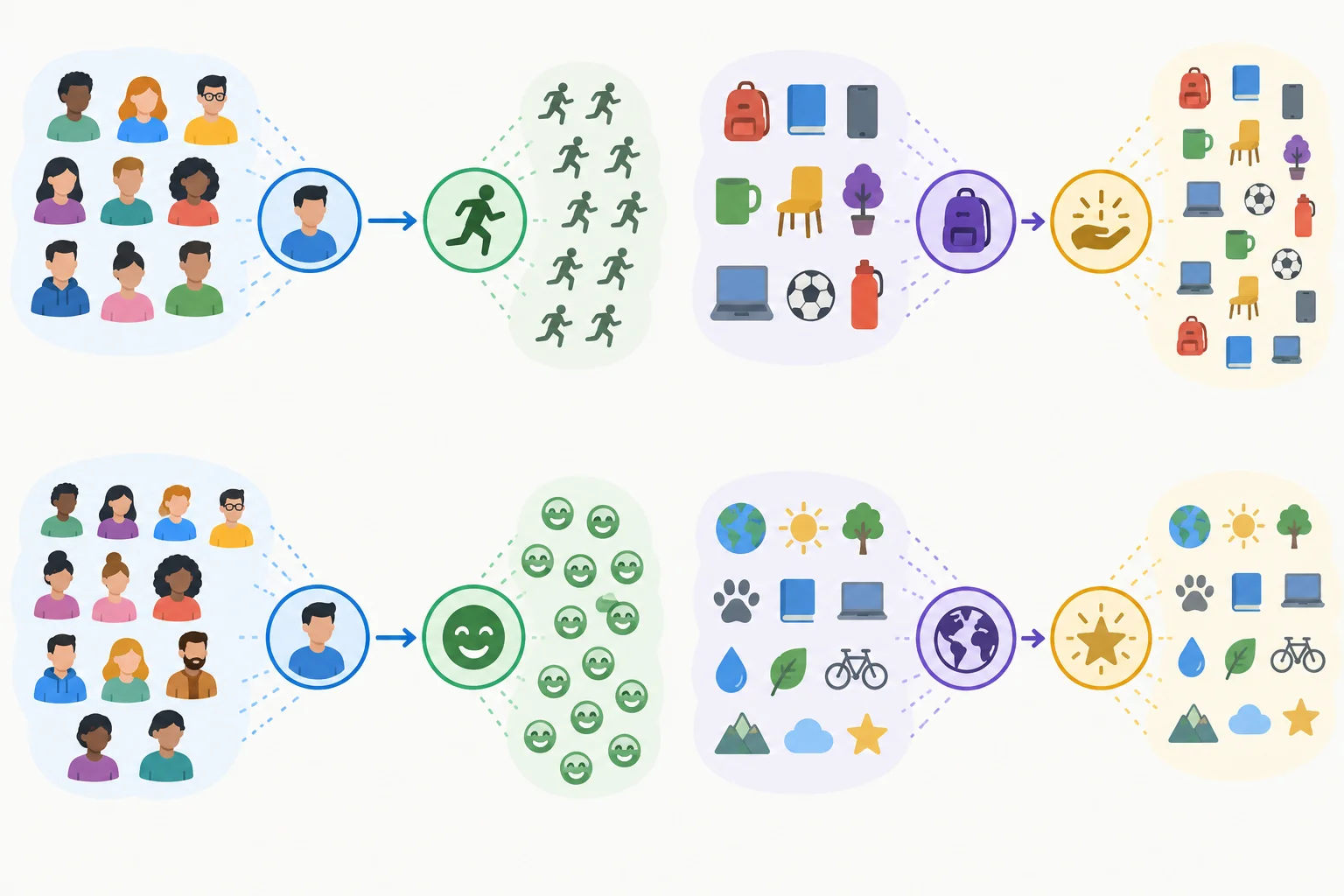 Diagrama mostra um pronome indefinido como sujeito ligado a um verbo singular, inclusive quando há várias pessoas ou objetos no conjunto.