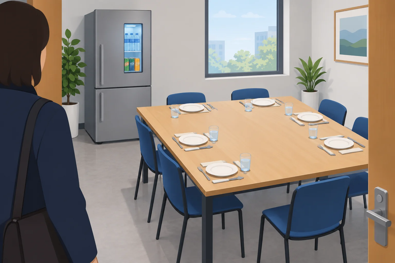 Cena de uma sala de almoço: uma pessoa na porta, uma bebida fria na geladeira, mesa vazia e lugares preparados.