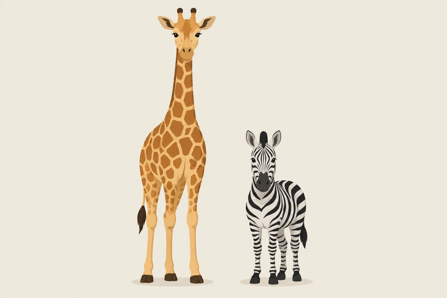 Uma girafa está ao lado de uma zebra bem mais baixa, destacando a diferença de altura.