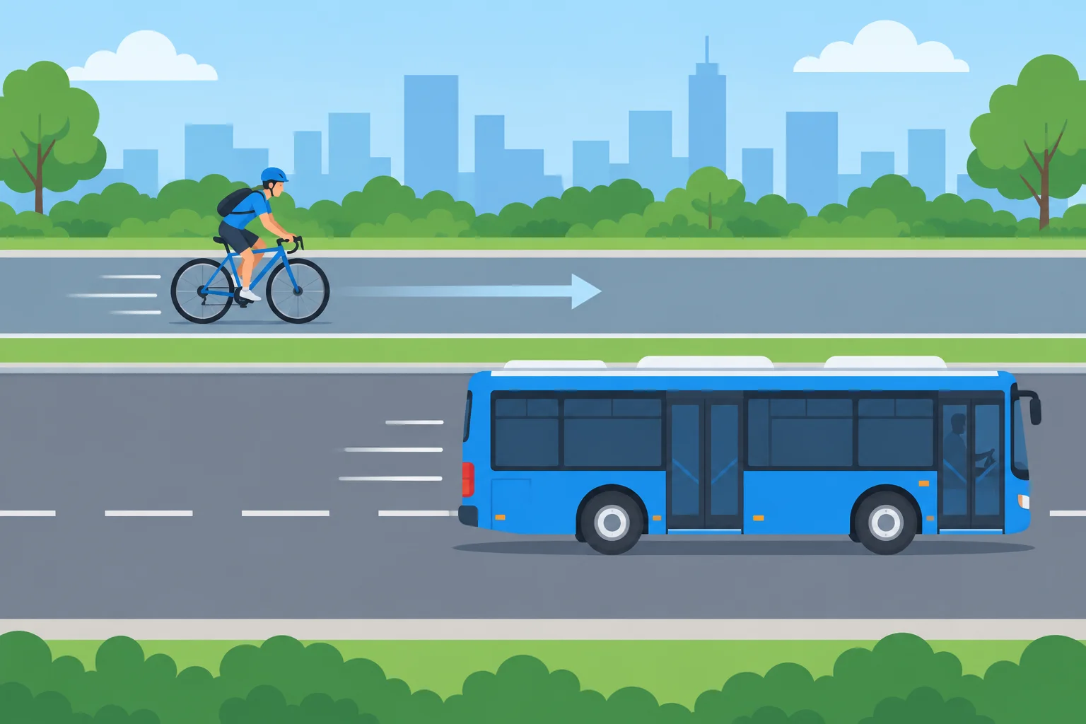 Uma bicicleta está à frente de um ônibus, mostrando que a bicicleta é mais rápida na comparação.