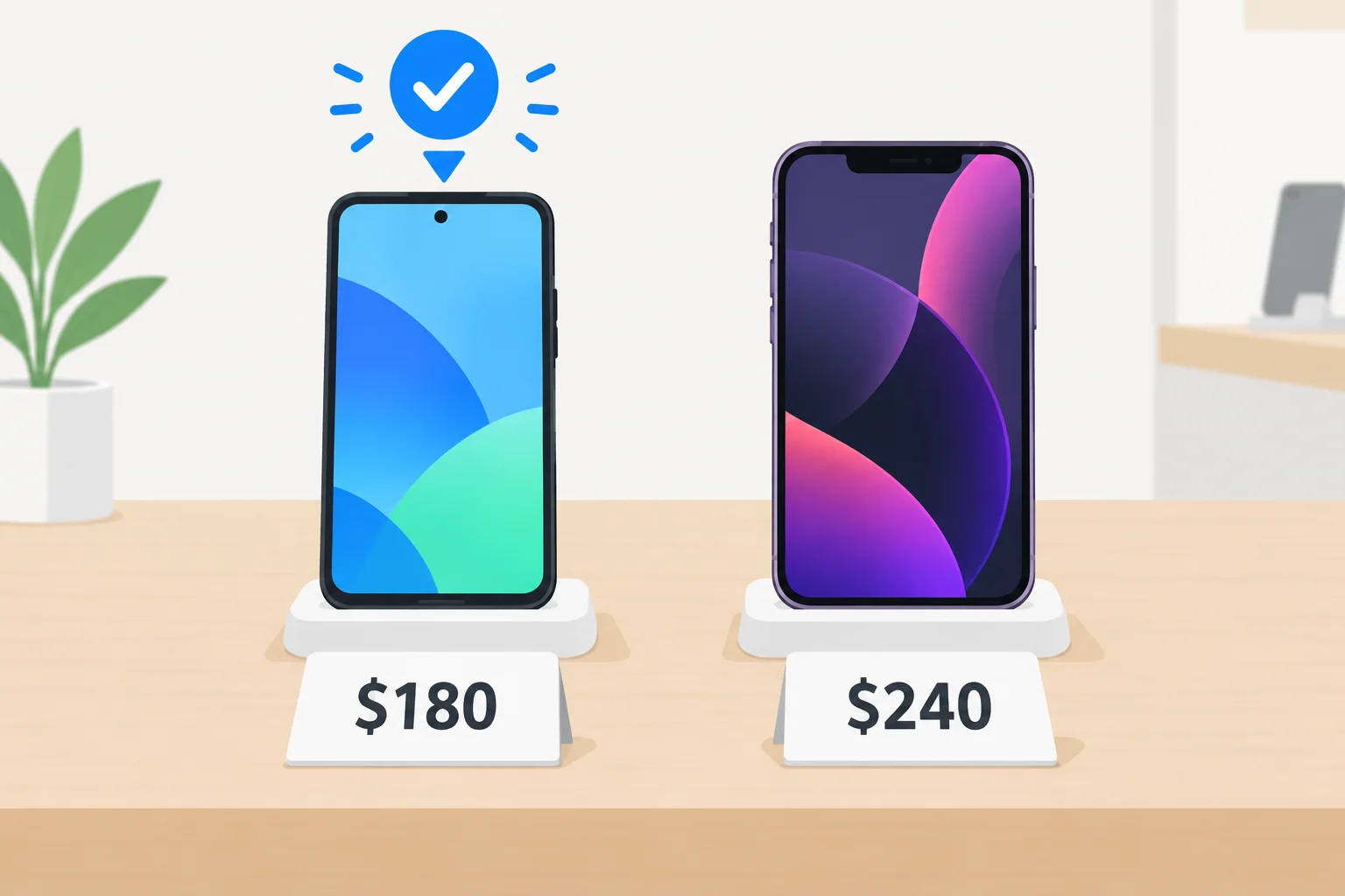 Dois celulares da mesma categoria, com etiquetas de preço diferentes; a seta aponta para o mais barato.