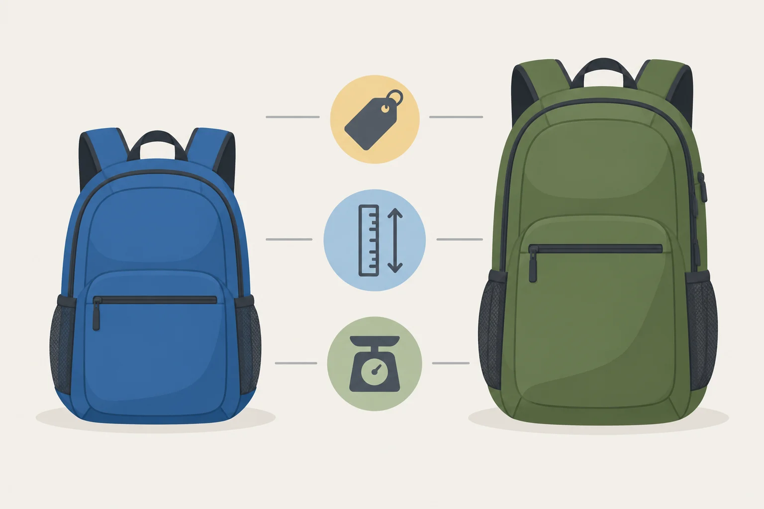 Duas mochilas lado a lado: uma menor e outra maior, acompanhadas de símbolos de preço, altura e peso.