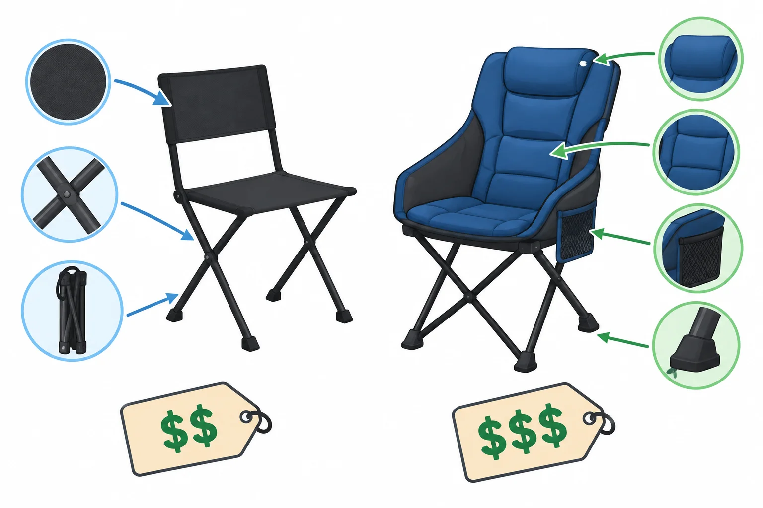 Dois assentos lado a lado: um simples e um acolchoado, com o segundo aparentando ser mais caro e mais confortável.