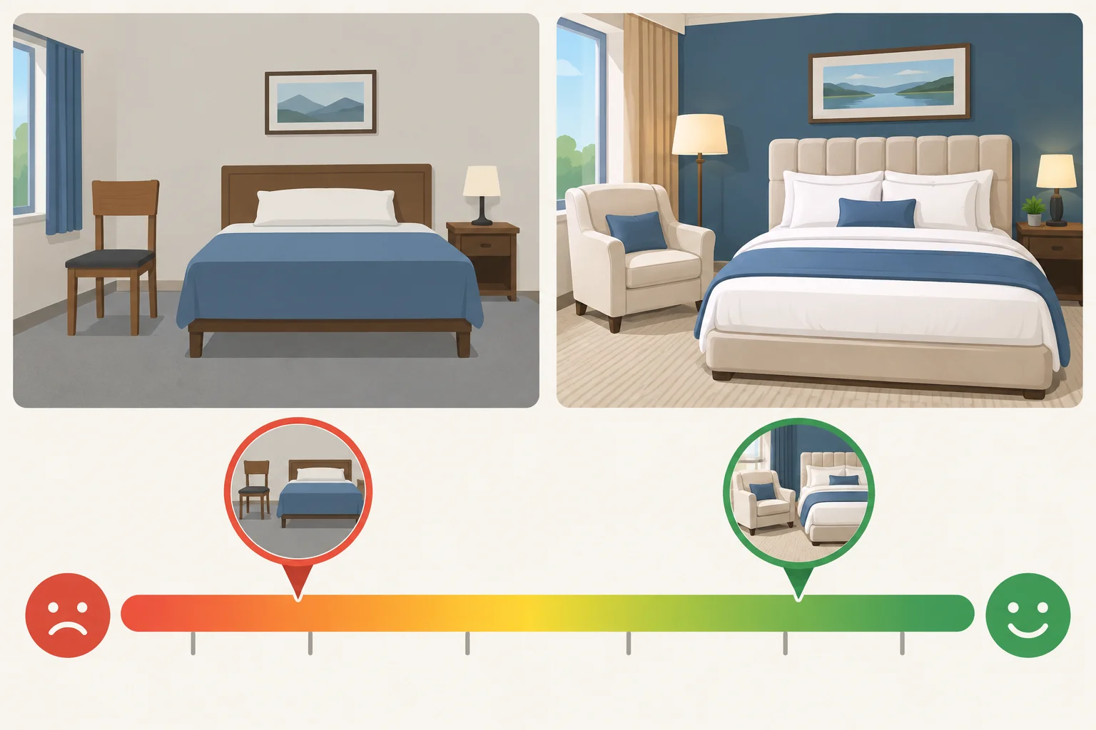 Infográfico com dois quartos: o quarto A está em nível menor de conforto e o quarto B em nível maior na mesma escala.