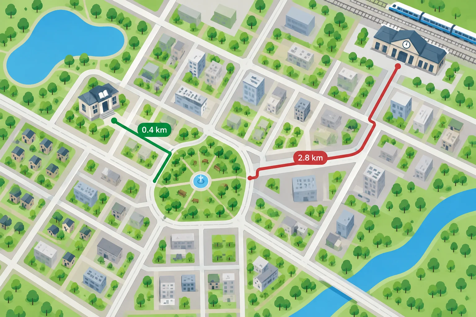 Mapa com um parque como origem, uma biblioteca perto e uma estação mais distante.