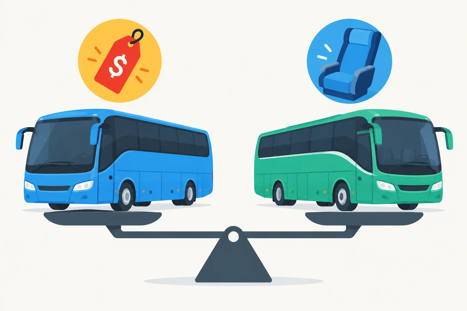 Dois ônibus lado a lado: um associado a preço menor e outro a maior conforto.