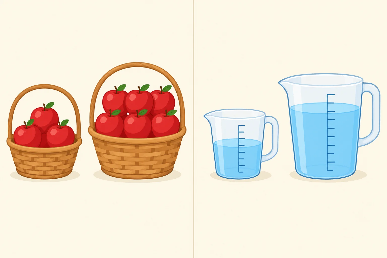 Comparação visual entre três e seis maçãs, e entre 200 mL e 500 mL de água.