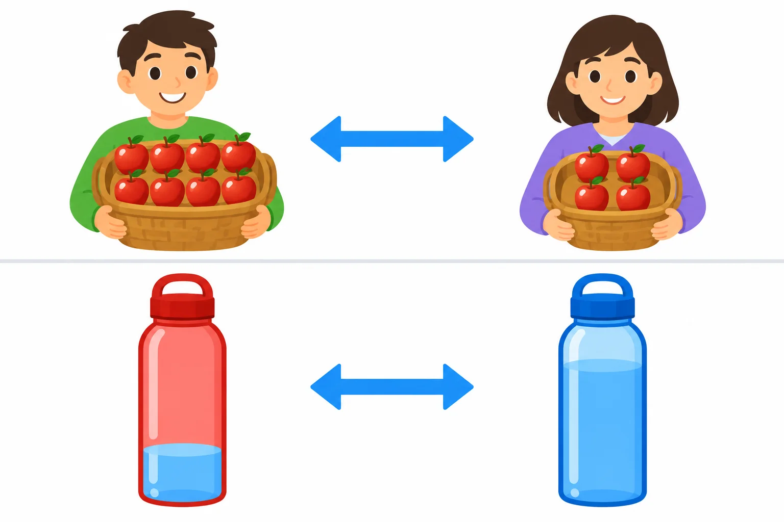 Duas comparações visuais: oito maçãs contra quatro maçãs; uma garrafa com pouca água contra outra com mais água.