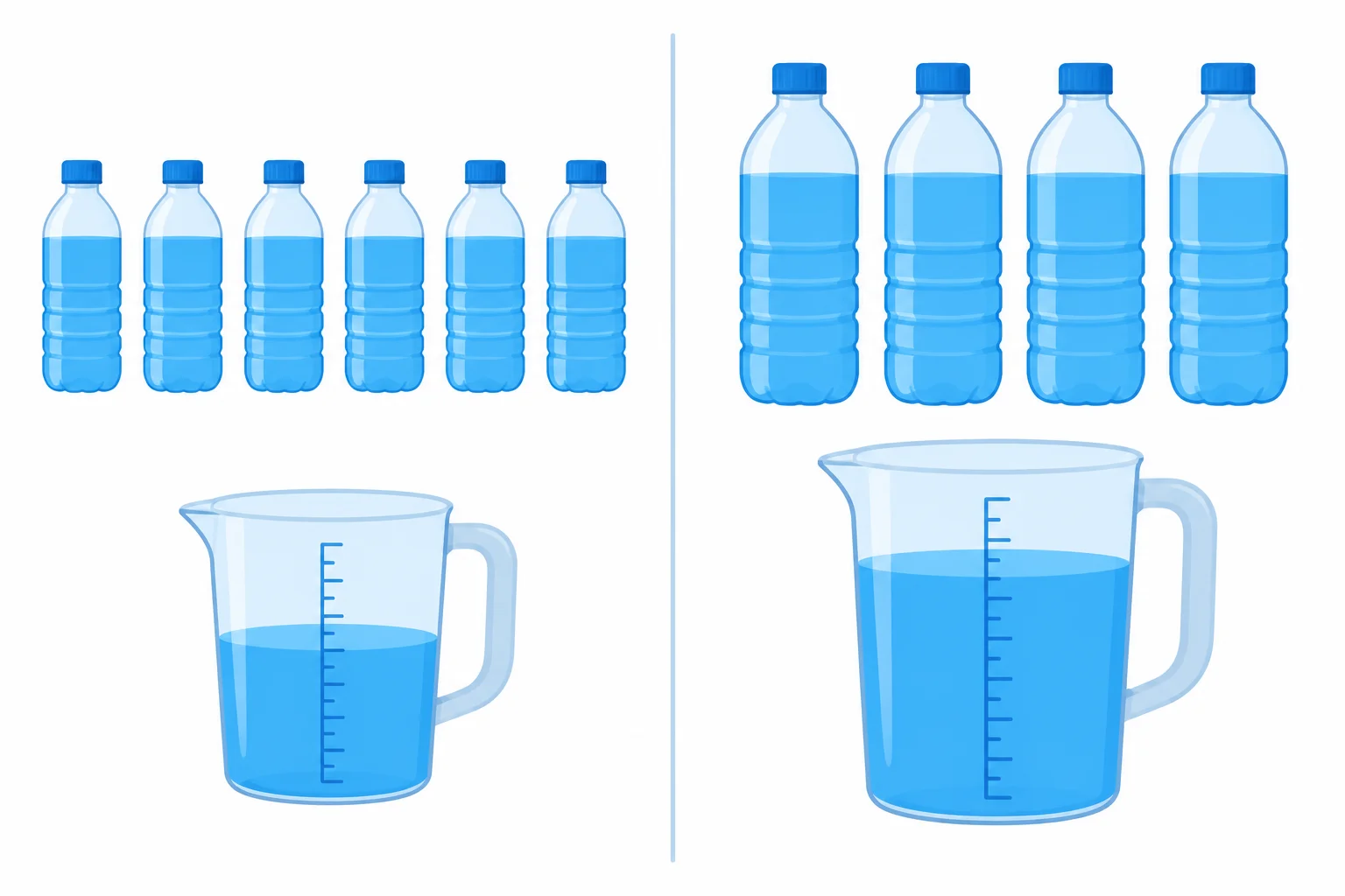 Comparação visual: seis garrafas menores somam menos água do que quatro garrafas maiores.