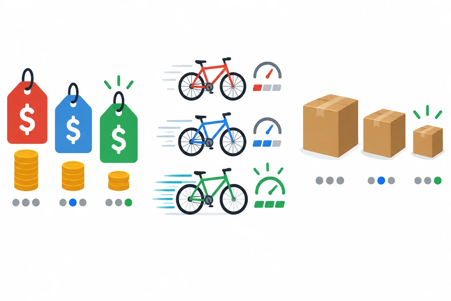 Três conjuntos de opções mostram visualmente um item mais barato, um mais rápido e um menor.