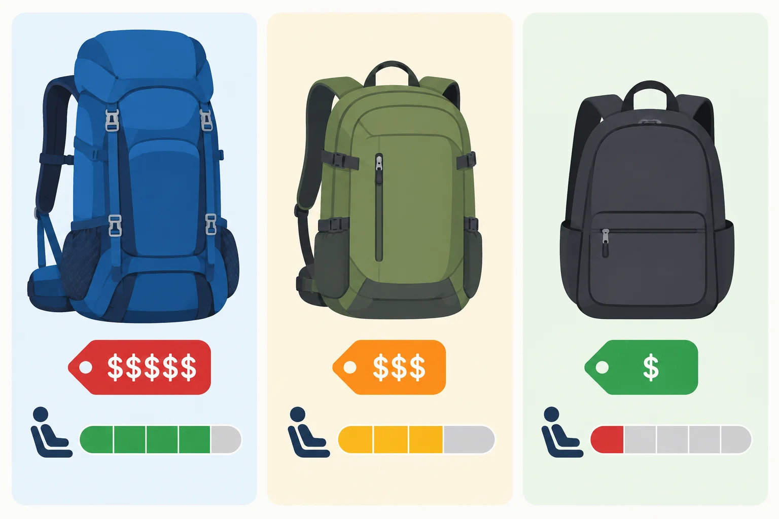 Três mochilas comparadas por indicadores visuais de preço e conforto.